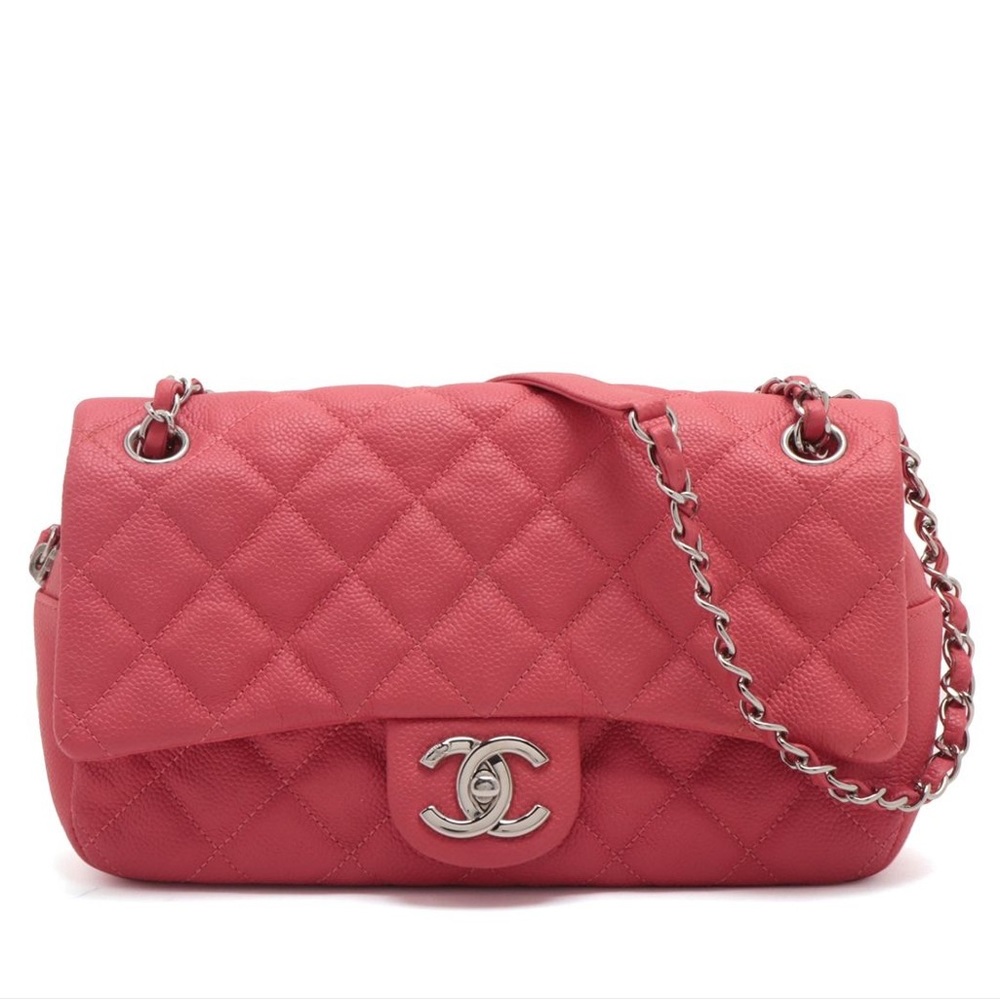 Chanel Quilted Pink Caviar Single Flap Double Chain Bag Silver Metal